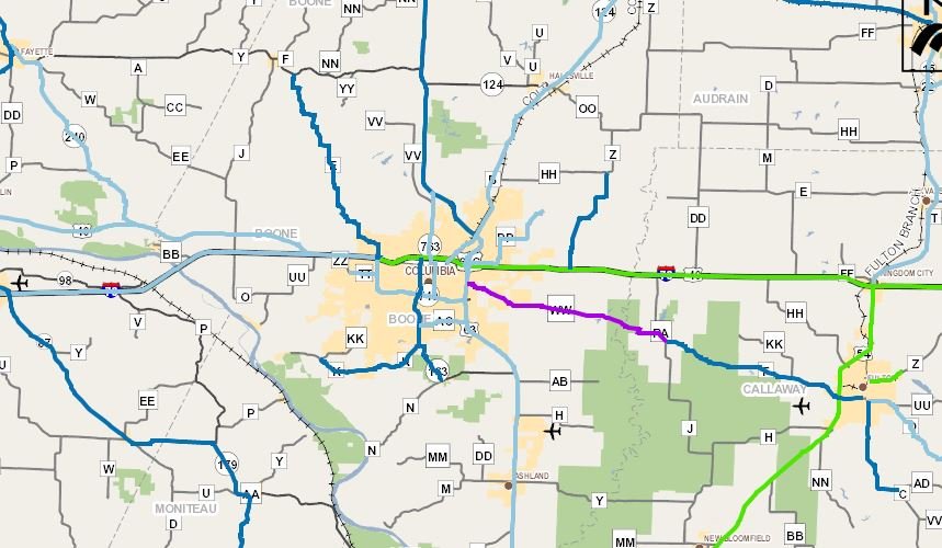 A snapshot of MoDOT's traveler information map shows Mid-Missouri road conditions at about 1:30 p.m. Monday, Dec. 16, 2019.