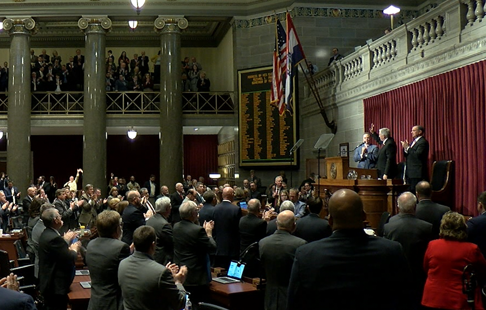 Gov. Mike Parson delivers the State of the State address in the Missouri House Chambers.