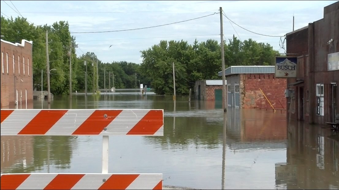 Floodwaters from the Missouri River cover part of Mokane in June 2019.