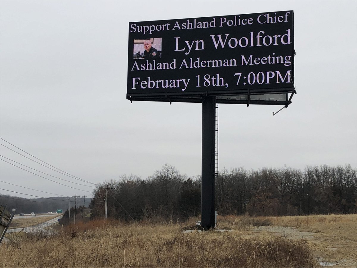 A billboard outside Ashland shows support for Police Chief Lyn Woolford on Monday, Feb. 17, 2020.