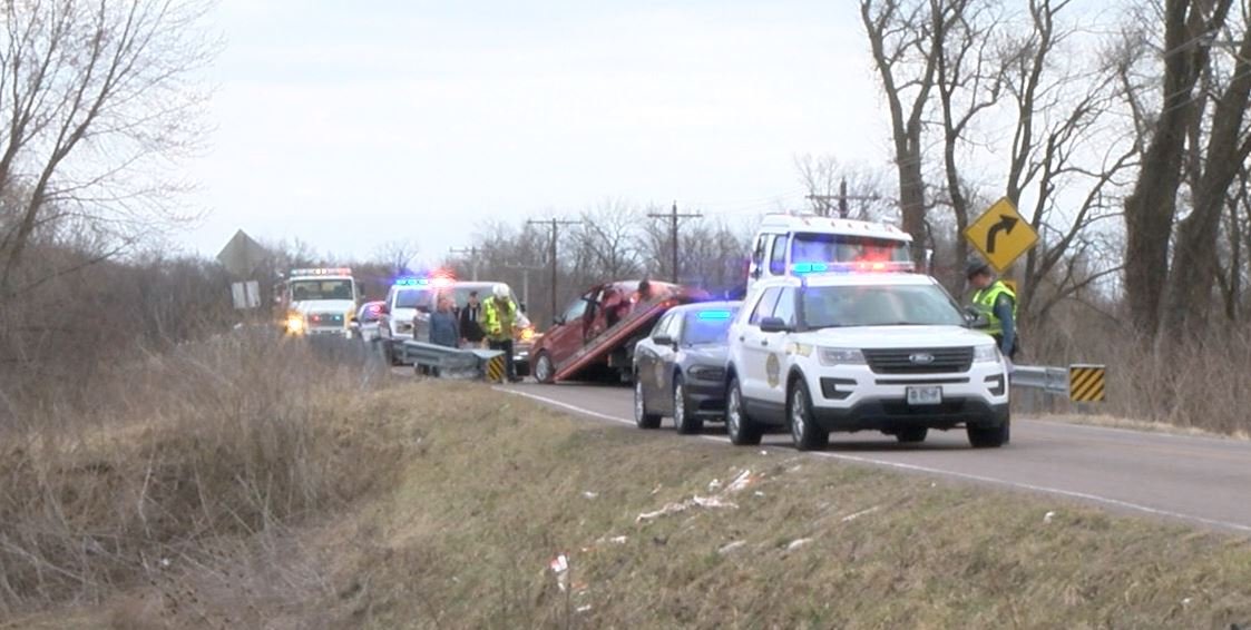 A vehicle is being towed on Highway E in Boone County after crashing into a guardrail on Monday afternoon.
