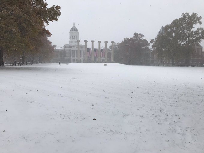 The snow-covered Francis Quadrangle at the University of Missouri on Monday, Nov. 11, 2019.