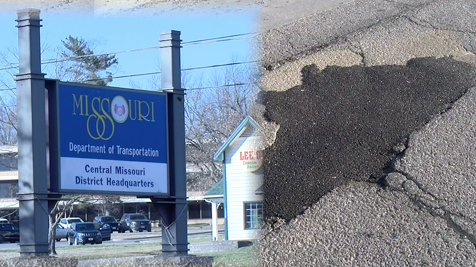 MoDOT Central District sign and a filled pothole.