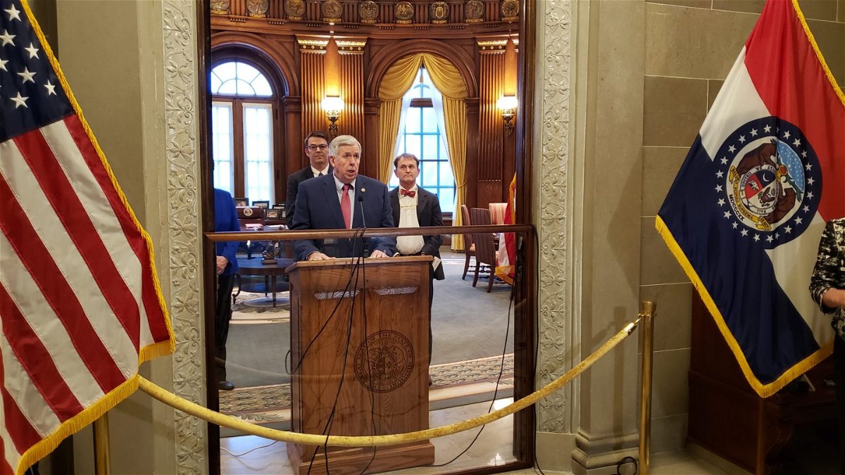Missouri Gov. Mike Parson gives his first daily briefing on the state's response to the COVID-19 pandemic Tuesday, March 17, 2020.