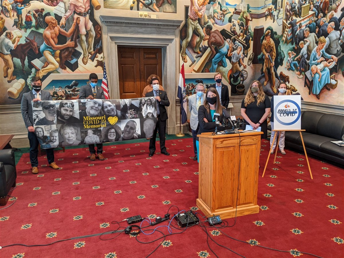 Missouri House Minority Leader Crystal Quade, D-Springfield, speaks during a news conference organized to press the governor for more action against COVID-19 on Tuesday, Aug. 11, 2020, in the Missouri Capitol.
