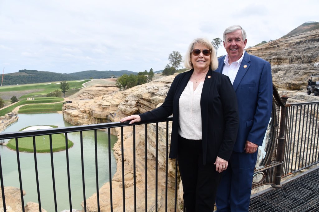 Teresa and Mike Parson pose for a photo during a tour of the Payne's Valley Golf Course. The picture was shared on the governor's Twitter account.