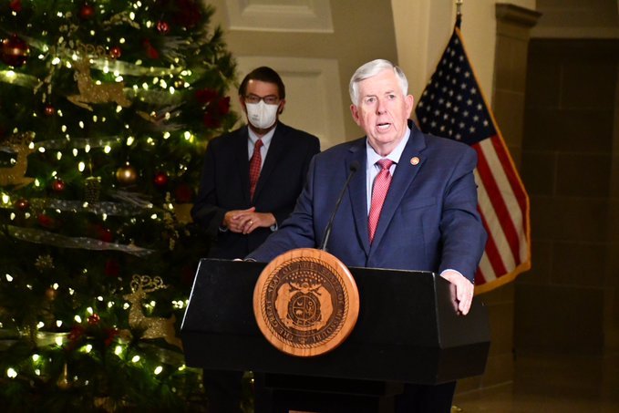 Gov. Mike Parson holds a briefing in the Missouri Capitol.