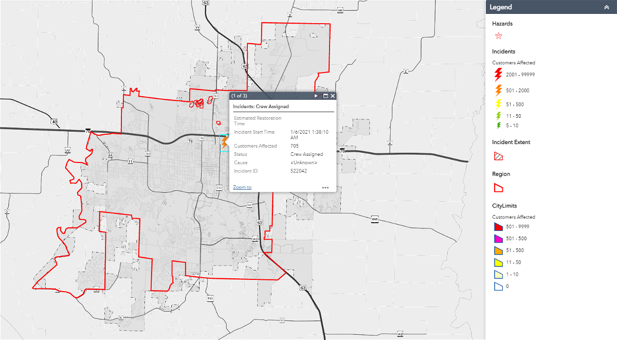 Columbia's outage map shows 705 customers without power at 3:54 a.m. Wednesday.