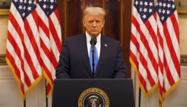 President Donald Trump seen in a recorded farewell address Tuesday, Jan. 19, 2021. 