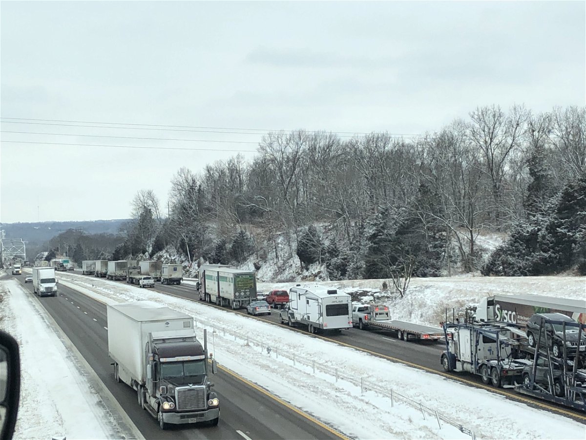Westbound Interstate 70 traffic slows at the Missouri River bridge after a crash on Tuesday, Feb. 9, 2021. 