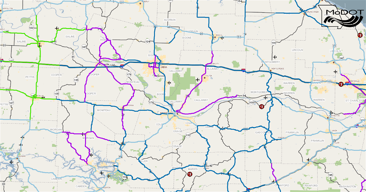 MoDOT reports covered roadways in mid-Missouri.