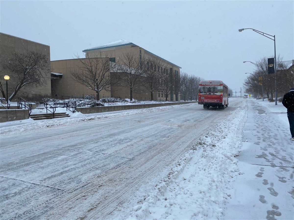 Snow covers roads on the University of Missouri campus Wednesday, Feb. 17, 2021.