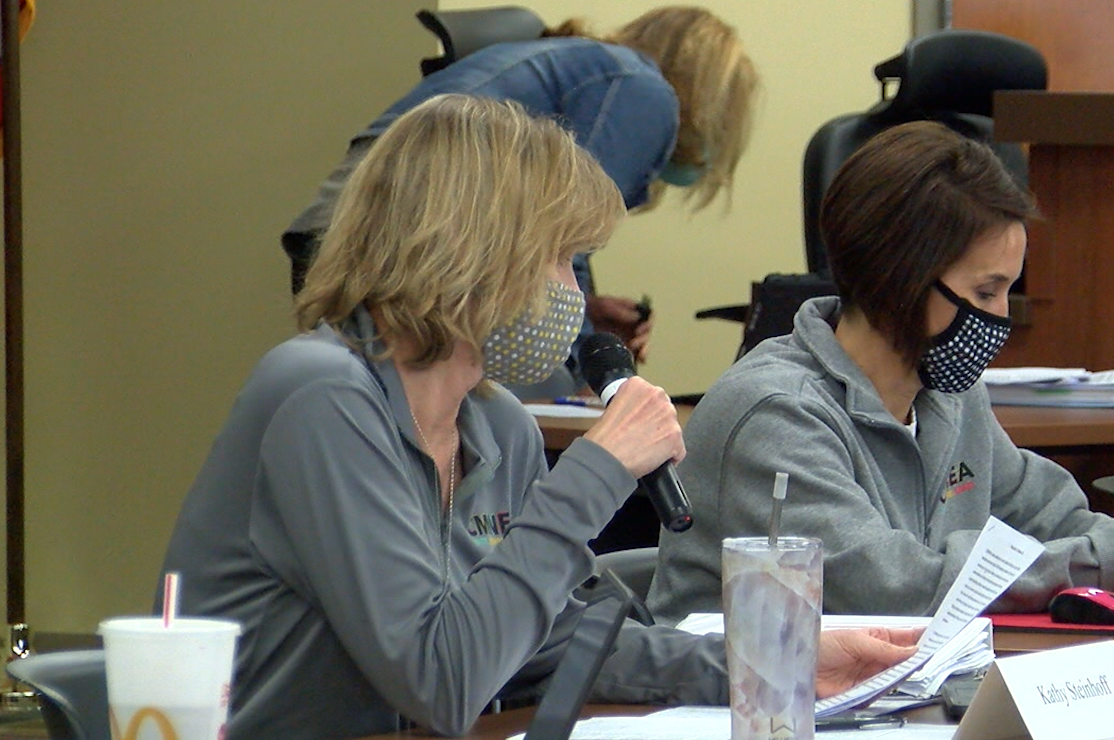 Kathy Steinhoff with the Columbia Missouri National Teachers Association participates in collective bargaining in March 2021. 