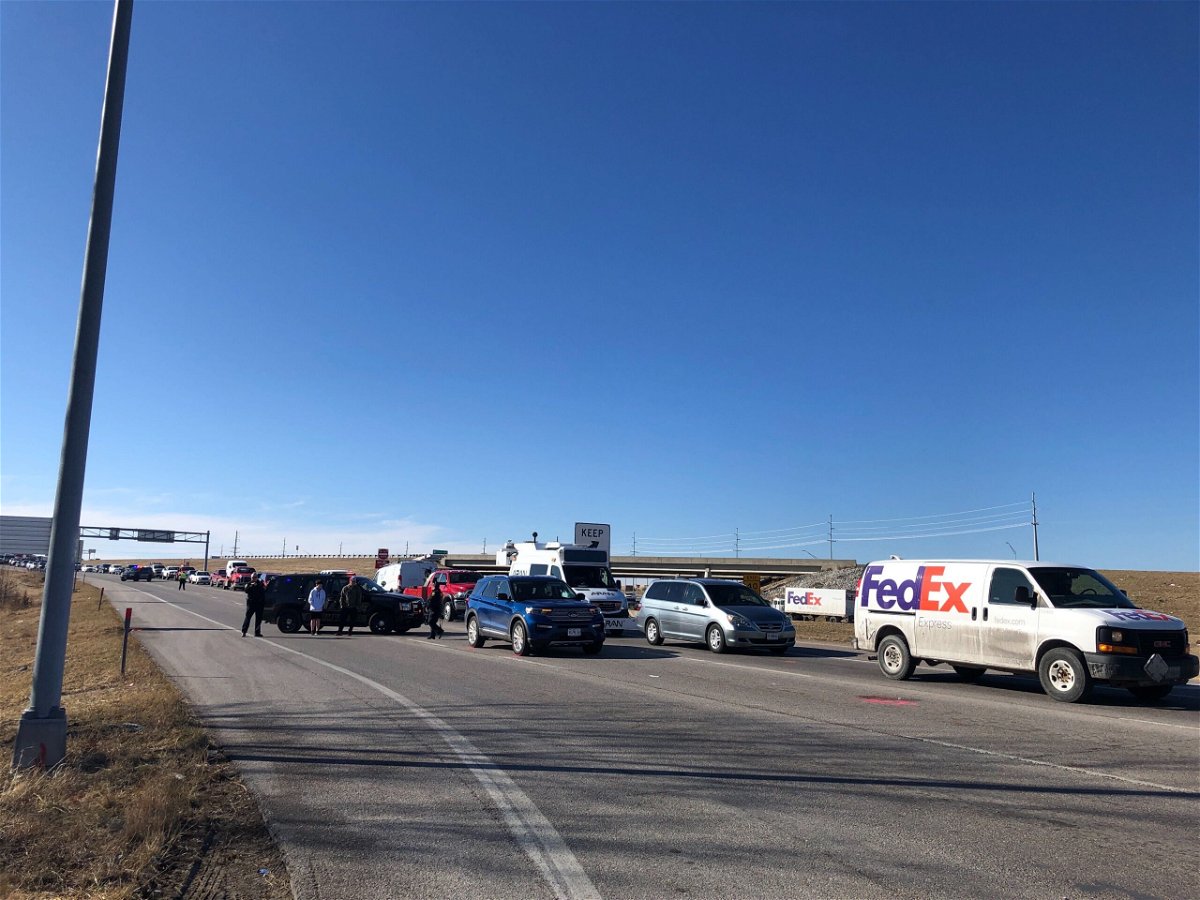 Traffic is slowed after a vehicle hit a pedestrian on the Interstate 70/Highway 63 connector on Monday, March 1, 2021. 