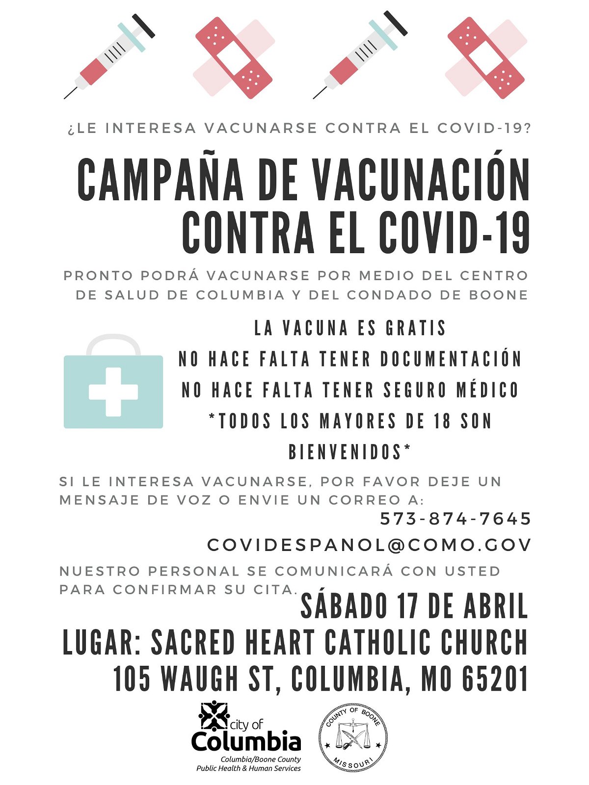 Columbia/Boone County Public Health and Human Services is hosting a COVID-19 vaccination clinic primarily for Spanish speaking community members Saturday at Sacred Heart Catholic Church.