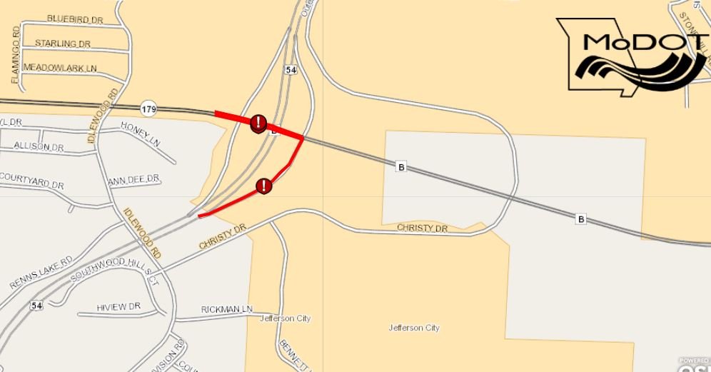 An image tweeted by MoDOT shows the location of a crash at Highway 179 and Highway 54 in Jefferson City on Tuesday, April 20, 2021.