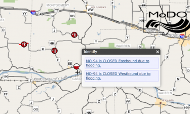 MoDOT traveler map shows Route 94 in Montgomery County closed due to flooding.
