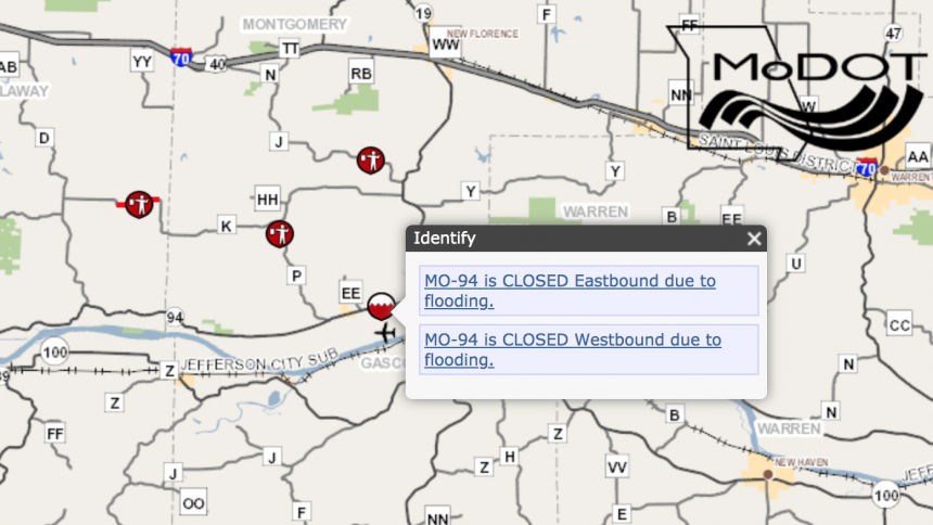 MoDOT traveler map shows Route 94 in Montgomery County closed due to flooding.