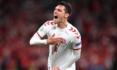 Andreas Christensen of Denmark of Denmark celebrates after scoring their side's third goal during the UEFA Euro 2020 Championship Group B match between Russia and Denmark at Parken Stadium on June 21 in Copenhagen