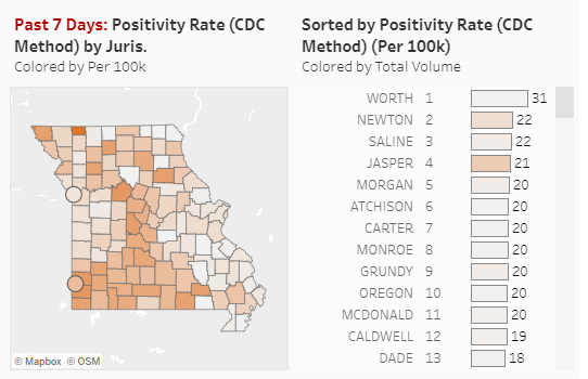 Seven-day positivity rate by county on June 28.