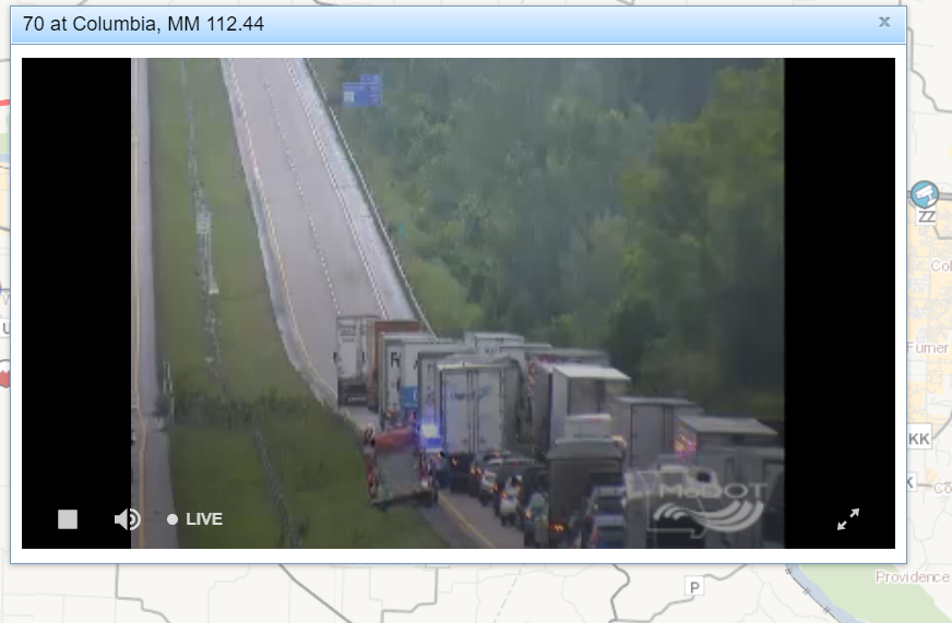 MoDOT's cameras showed a wreck blocking the EB lanes of I-70 near the Rocheport Missouri River Bridge on Wednesday, June 30.