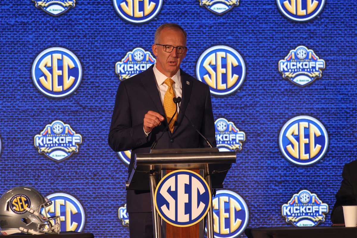 SEC Commissioner Greg Sankey speaks to the media during the 2021 SEC Football Kickoff Media Days on July 19,2021 at the Wynfrey Hotel,Hoover,Alabama. (Jimmie Mitchell/SEC)