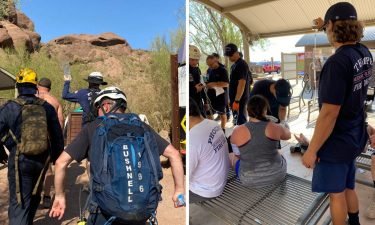 Two different rescue teams hiked up Camelback Mountain in the heat to help two hikers overcome by the heat.