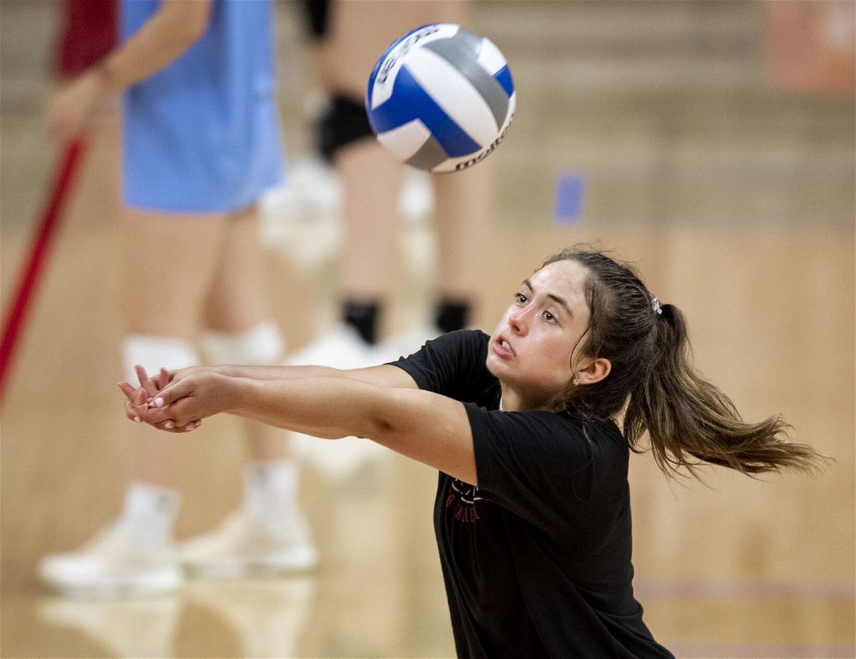 <i>Francis Gardler/Lincoln Journal Star</i><br/>High school volleyball player Caroline Jurevicius lifts a shot during Nebraska's Dream Team volleyball camp. Jurevicius committed to Nebraska.