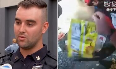 An NYPD officer is being hailed as a hero for using a bag of chips and duct tape to save a stabbing victim who was bleeding profusely.