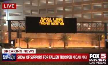 A sign along a Las Vegas highway pays tribute to Nevada Highway Patrol Trooper Micah May