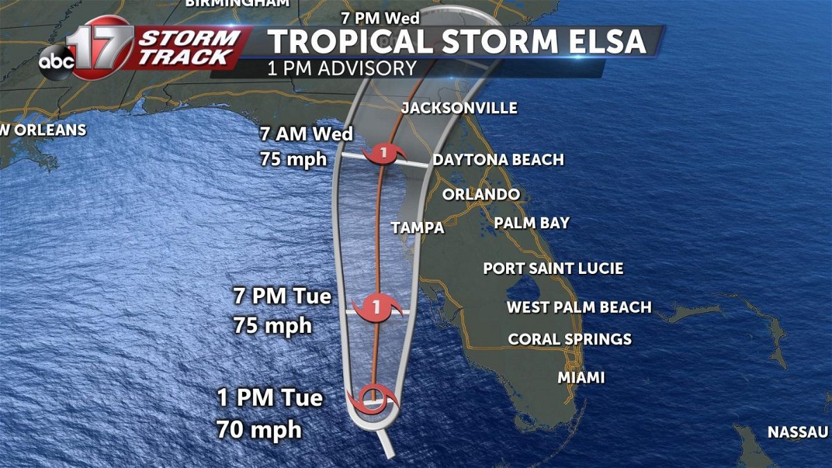 Tropical Storm Elsa's expected track on Tuesday afternoon. 
