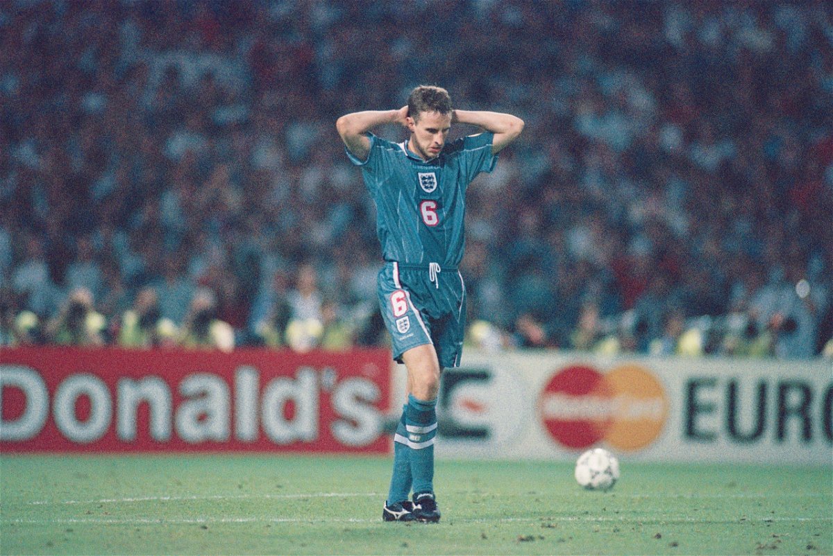 <i>Stu Forster/Hulton Archive/Getty Images</i><br/>Gareth Southgate reacts after missing his penalty during the 1996 penalty shoot out.