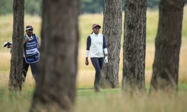 Oboh walks to her second shot on the second hole during the first round of the Aberdeen Standard Investments Ladies Scottish Open.