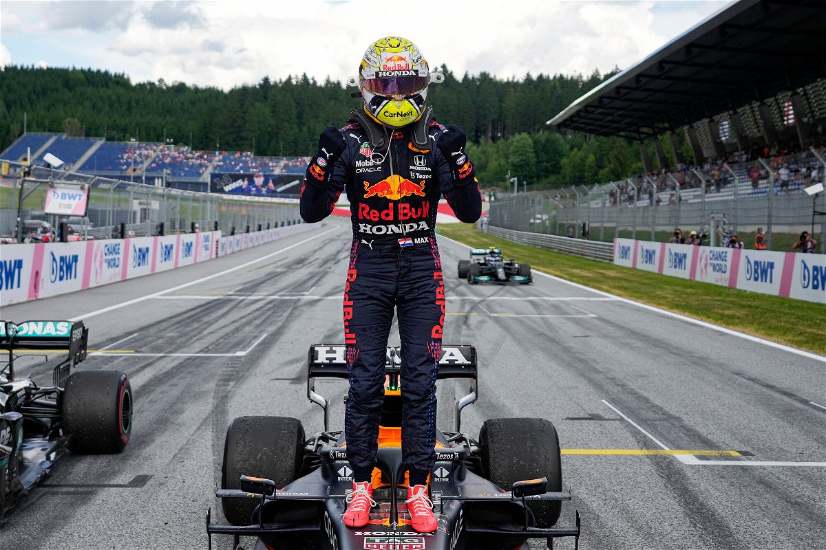 <i>Darko Vojinovic/Pool/AFP/Getty</i><br/>Max Verstappen celebrates after winning the Styrian Grand Prix.