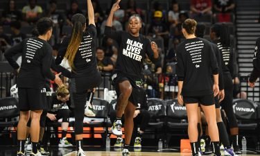 Jewell Loyd of the Seattle Storm warms up with teammates before the game against the Las Vegas Aces on June 27 at  Michelob ULTRA Arena in Las Vegas