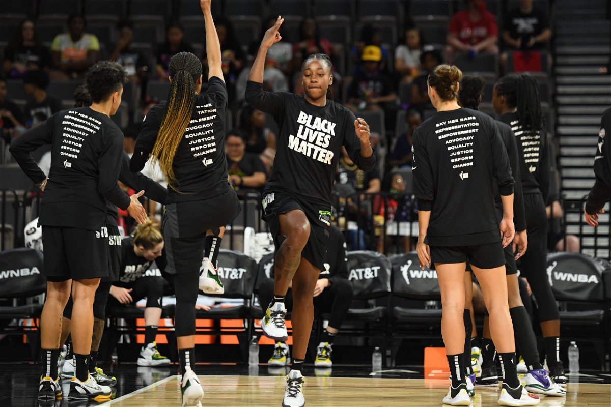 <i>David Becker/NBAE/Getty Images</i><br/>Jewell Loyd of the Seattle Storm warms up with teammates before the game against the Las Vegas Aces on June 27 at  Michelob ULTRA Arena in Las Vegas