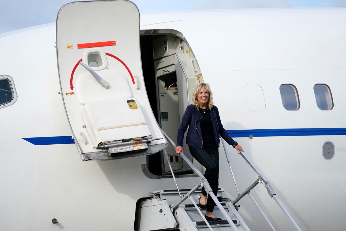 <i>Carolyn Kaster/AP</i><br/>First lady Jill Biden is shown arriving at William P. Hobby Airport in Houston on June 29. Biden departed July 20 for a five-day international trip to Tokyo