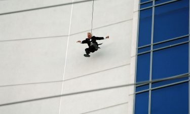 Founder of the Virgin Group Richard Branson stunts off The Palms Fantasy Tower at The Palms Casino Resort on October 10