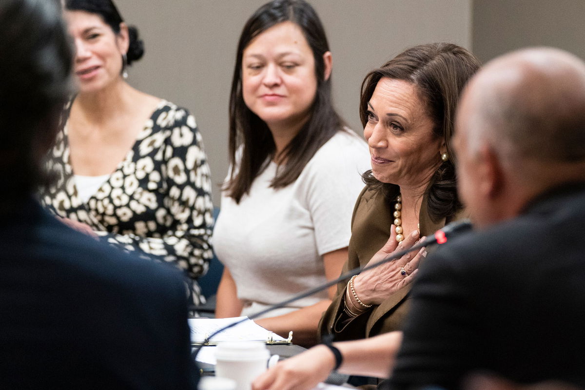 <i>Alex Brandon/AP</i><br/>Vice President Kamala Harris meets with Democrats from the Texas state legislature at the American Federation of Teachers