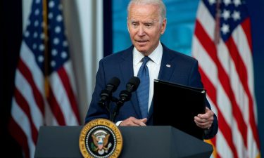 US President Joe Biden speaks about the Covid-19 response and the US vaccination program in the Eisenhower Executive Office Building in Washington