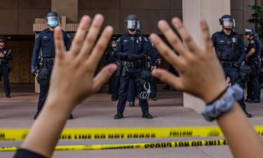 A demonstrator holds her hands up while she kneels in front of the police at the Anaheim City Hall last year in Anaheim