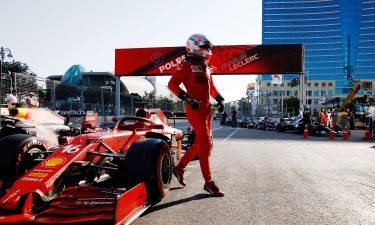 Leclerc and Ferrari celebrates in Parc Ferme during qualifying ahead of the Azerbaijan Grand Prix  on June 5 in Baku