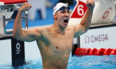 Chase Kalisz of the United States celebrates after winning the gold medal in the men's 400-meter individual medley on July 25 in Tokyo.