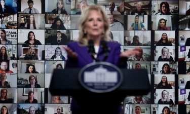 US First Lady Jill Biden speaks about military families during a virtual event from the Eisenhower Executive Office Building on the White House campus on April 7 in Washington