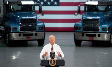 US President Joe Biden speaks about American manufacturing and the American workforce after touring the Mack Trucks Lehigh Valley Operations Manufacturing Facility in Macungie