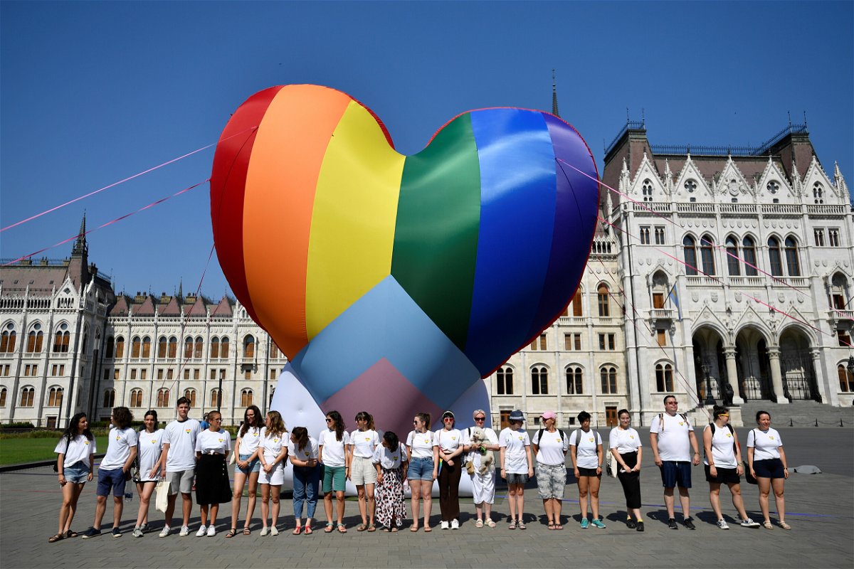 <i>Marton Monus/Reuters</i><br/>Activists protesting against what they say is an anti-LGBT law gather in front of a rainbow balloon at Hungary's parliament in Budapest on Thursday.