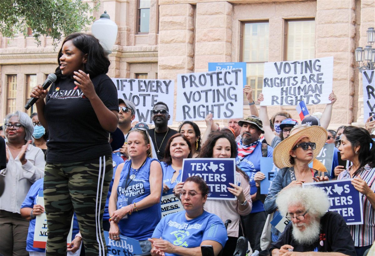 <i>Carlos Kosienski/Sipa</i><br/>Rep. Jasmine Crockett addresses the crowd at the For The People Rally in front of the Texas Capitol building in Austin