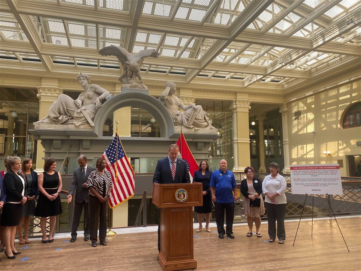Missouri Attorney General Eric Schmitt announces the state's share of a large settlement with painkiller manufacturers July 22, 2021 in St. Louis.