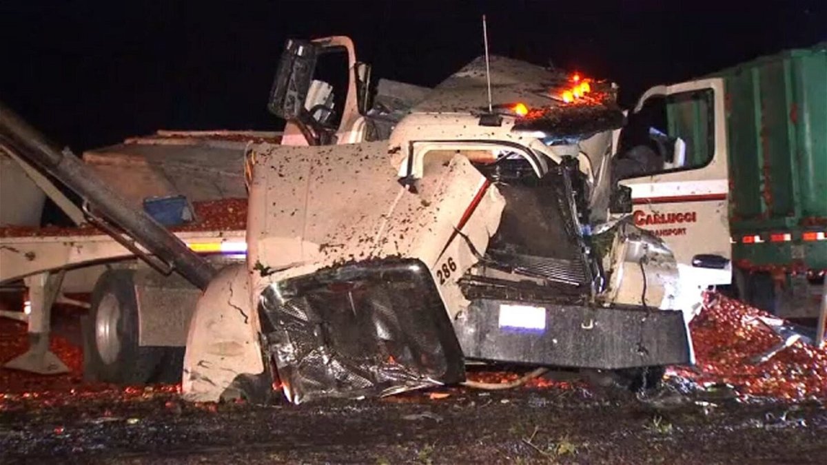 <i>KFSN</i><br/>Crews are cleaning up a massive tomato and grape spill after two semis collided in Fresno County.