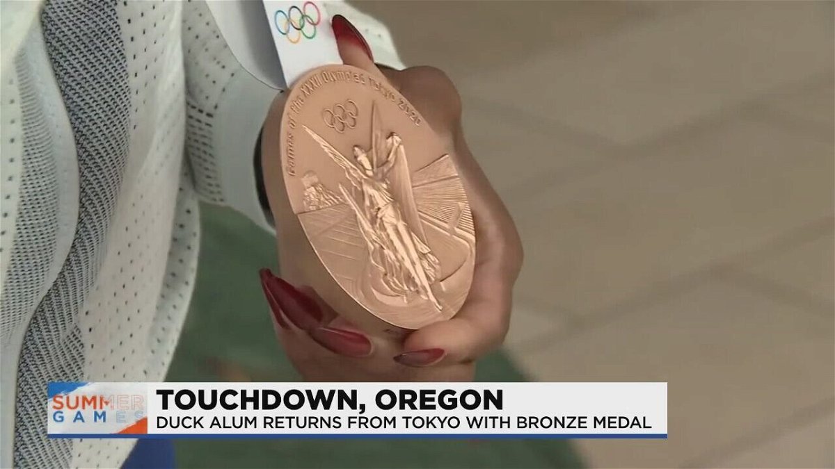 <i>KPTV</i><br/>Duck alum Raevyn Rogers had some extra carry on for the jetlag flight home to Oregon where the track start will forever be an Olympic 800 meter bronze medalist after running a personal best in Japan.